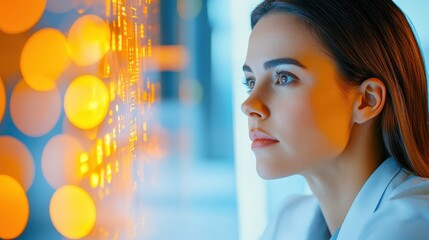 Fototapeta premium Focused Woman Analyzing Glowing Digital Data Display