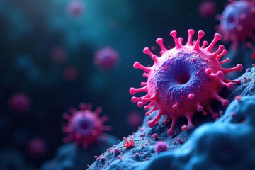 Microscopic View of a Pink and Purple Virus Particle on a Textured Surface, Surrounded by Other Smaller Viral Particles in a Dark Blue Environment