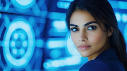 Young Woman In Blue Digital Interface Background