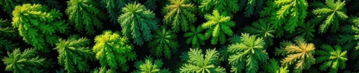 Bird's-eye perspective showcasing diverse forest foliage, overhead, trees