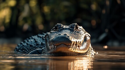 Obraz premium Crocodile gliding through golden swamp at dusk