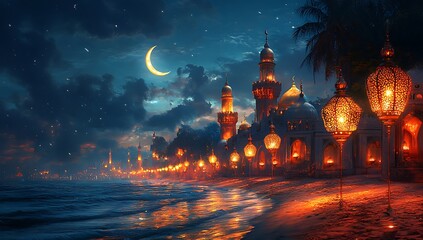 Coastal City at Night with Lanterns and Crescent Moon