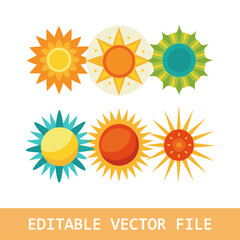 Sun vector set of six in yellow color on white background. Sun simple icons collection.