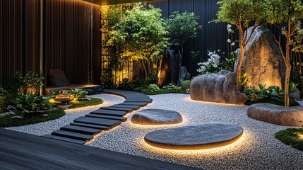 Obraz premium Serene Modern Zen Garden with Warm Lighting and Natural Stone Elements