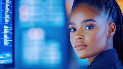 Focused Woman By Computer Screen With Blue Lighting