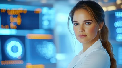 Woman Executive With Advanced Technology Screens