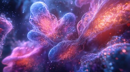 Fototapeta premium Abstract cosmic nebula with glowing, vibrant, organic forms and particles.
