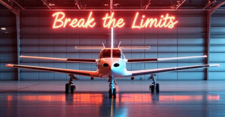Fototapeta premium Neon sign break limits vibrant coral soft jade glowing sleek modern aircraft hangar softly reflecting polished titanium surfaces