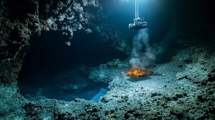 Remote-operated vehicle collecting samples underwater ocean floor technology dark cave environment close-up view