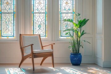 Modern chair by stained-glass window, peaceful interior