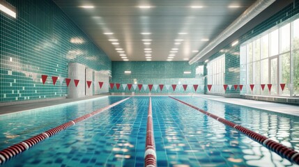 Indoor swimming pool with lane markers, a sunny window view, and empty lanes, for health and fitness concepts