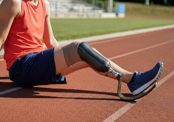 Paralympic athlete resting on track, wearing carbon fiber prosthetic leg, embodying strength and determination after intense training session