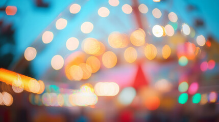 Defocused abstract nostalgic amusement park rides carnival electric lights colorful summer fun childhood background beautiful bokeh with copy space vintage fairground