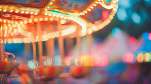 Defocused abstract nostalgic amusement park rides carnival electric lights colorful summer fun childhood background beautiful bokeh with copy space vintage fairground