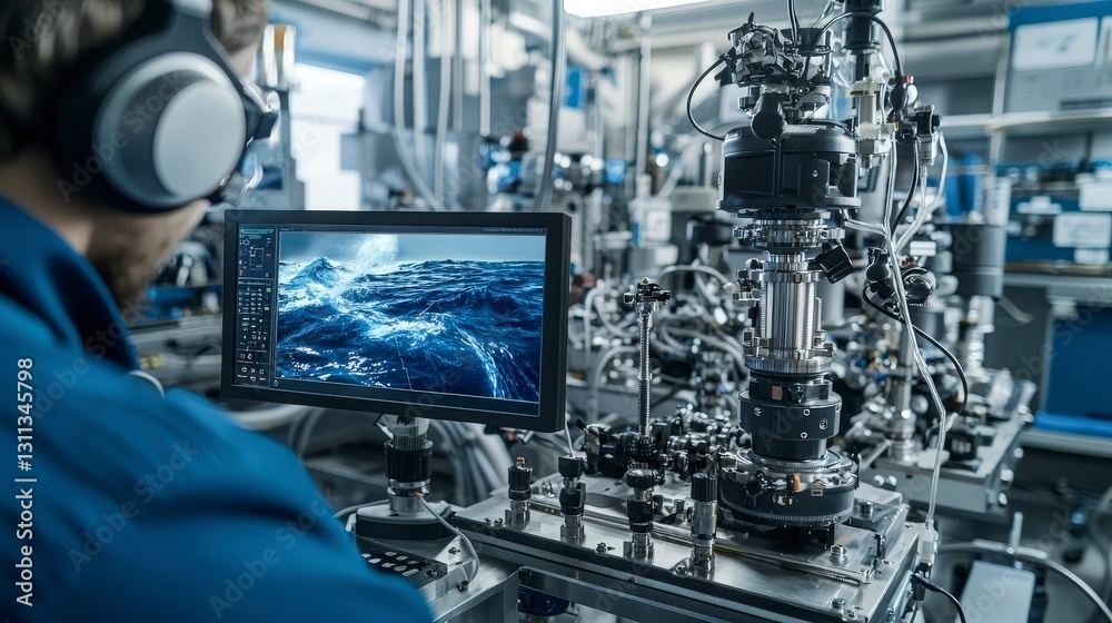 Poster high-tech ocean current measurement device research lab technology showcase industrial setting close