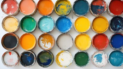 Multiple paint cans in various colors and states of use. Illustrates creativity, artistry, and the process of painting.