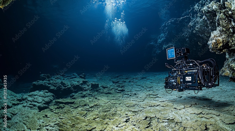 Poster advanced underwater sampling system conducting research in ocean depths high-tech exploration marine