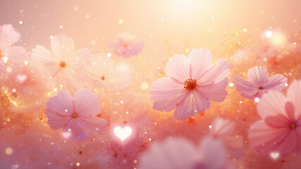 A delicate and transparent cherry blossom floats, surrounded by shimmering musical notes. The background is a pearlescent paper texture with a pink and white gradient, creating a soft and dreamy atmos