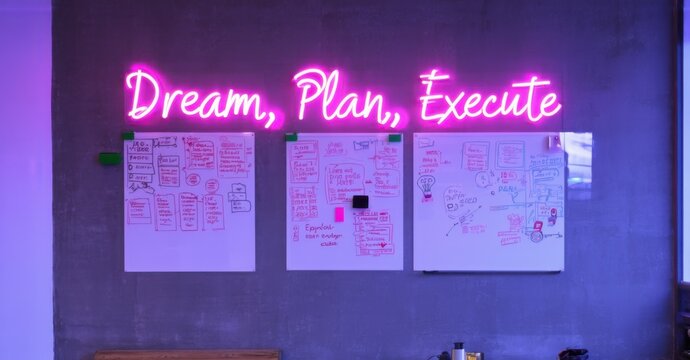 Naklejki Neon sign dream plan execute deep violet radiant pink floating tech startup hub reflecting off whiteboards filled bold ideas
