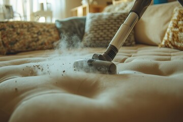 Steam cleaner deep cleans a beige sofa, removing dirt and dust. Ideal for cleaning services, home improvement, and hygiene content.