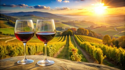 Tilt-Shift Tuscany: Brunello di Montalcino Wineglasses, Val d'Orcia Vineyard, Italian Red Wine Photography