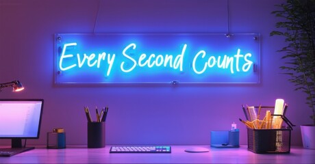 Neon sign every second counts cyber blue warm amber mounted productivity driven workspace softly illuminating sleek standing desks