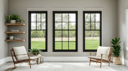 Fototapeta premium Modern living room with black windows, overlooking a grassy field. Possible use for home design, interior design, or real estate purposes