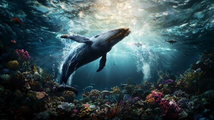 Fototapeta premium Underwater whale migration spectacle coral reef ocean ecosystem serene environment close-up view nature's wonder