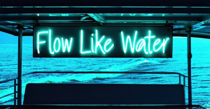 Naklejki Neon sign flow like water bright cyan deep amber glowing riverboat deck casting streaks onto gentle rippling waves