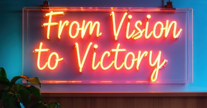 Naklejki Neon sign vision victory vibrant turquoise golden red glowing sleek investor pitch event softly illuminating confident presenters