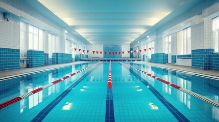 Obraz premium Indoor swimming pool with lanes and flags, empty, ready for training or competition