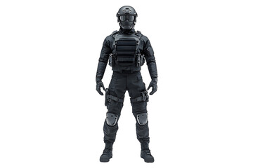 Swat outfit black isolated on cut out PNG or transparent background. Fully equipped swat soldier. Weapons and tactics. operative dressed in full tactical uniform including protective mask.