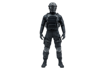Swat outfit black isolated on cut out PNG or transparent background. Fully equipped swat soldier. Weapons and tactics. operative dressed in full tactical uniform including protective mask.