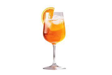 Elegant Aperol spritz served in tall wine glass. Vibrant orange. Sparkling drink is garnished with slice of fresh orange. Essence classic cocktail. Isolated on cut out PNG or transparent background.
