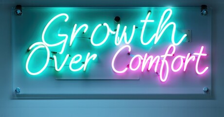 Fototapeta premium Neon sign growth comfort electric teal cyber magenta mounted coaching seminar room softly glowing minimalist presentation boards