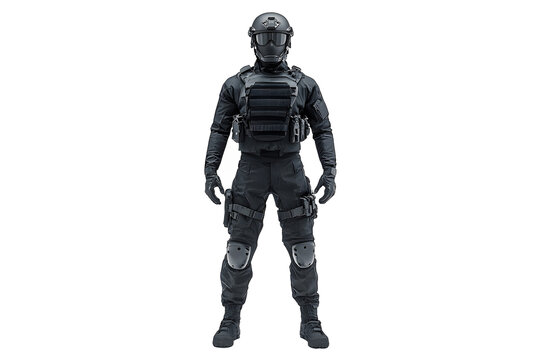 Swat outfit black isolated on cut out PNG or transparent background. Fully equipped swat soldier. Weapons and tactics. operative dressed in full tactical uniform including protective mask.