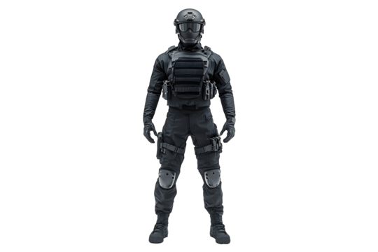 Swat outfit black isolated on cut out PNG or transparent background. Fully equipped swat soldier. Weapons and tactics. operative dressed in full tactical uniform including protective mask.