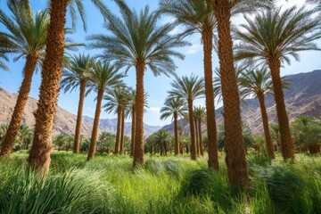 A grove of date palm trees in the desert, an oasis landscape with tall green grass and mountains in the background