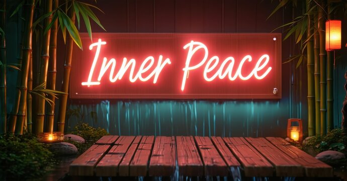 Naklejki Neon sign inner peace warm coral soft teal mounted peaceful nature retreat softly reflecting bamboo walls flowing waterfalls