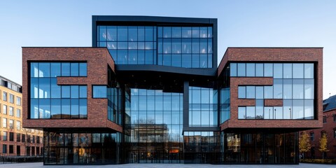 A modern building with expansive glass facades and geometric shapes reflecting urban life, blending architectural boldness with elegance.