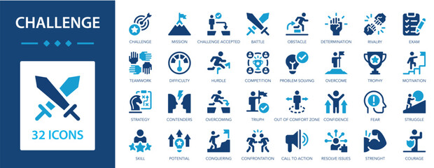 Challenge flat icons collection. Skill, goal, support, triumph, preparation, motivation, battle, problem solving, success, overcoming sign set.