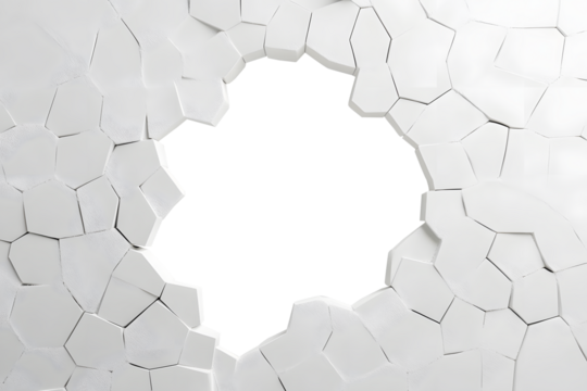 Hole breaking through white wall damaged isolated on cut out PNG or transparent background. Hole in white paper with torn edges and piercing. Texture Background Abstract.