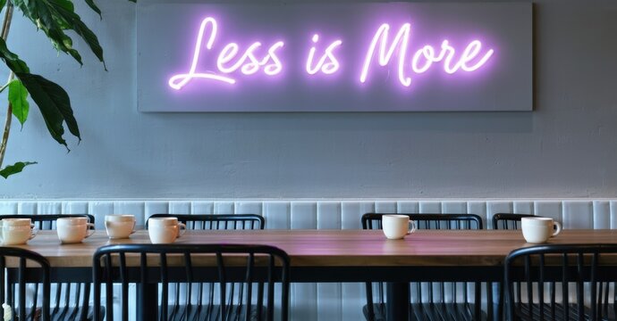 Neon sign less is more soft lilac cyan mounted minimalist caf wall casting gentle reflections sleek wooden tables ceramic cups