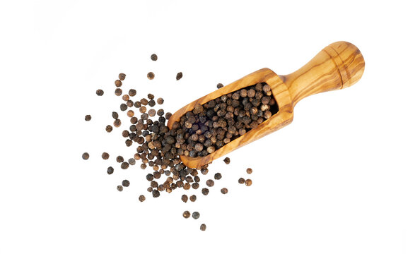 black pepper in wooden spoon isolated on white or transparent png
