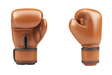 Pair of dark brown boxing gloves new. Banner design. Type of sport equipment used for fighting on stage or in ring. Isolated on cut out PNG or transparent background. 