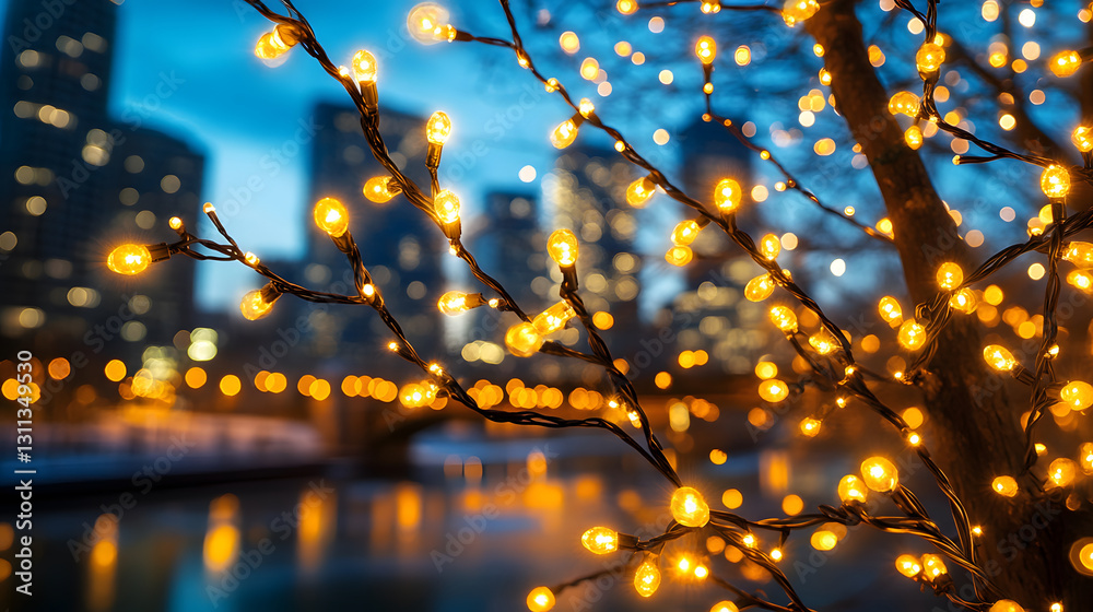 Poster a close-up of a tree adorned with glowing lights against a blurred cityscape at dusk, creating a mag