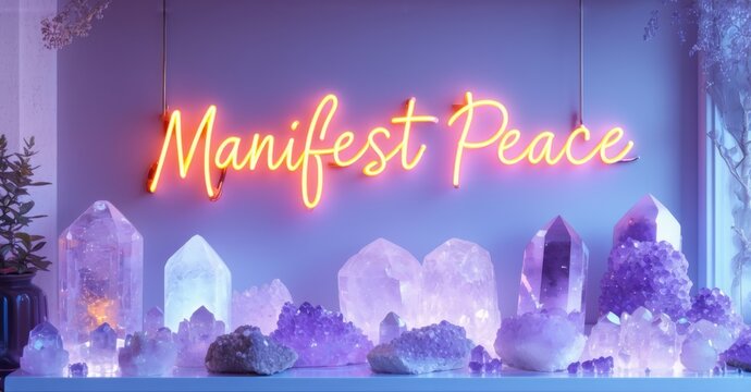 Neon sign manifest peace radiant coral pastel indigo floating inside crystal healing center softly reflecting amethyst quartz displays