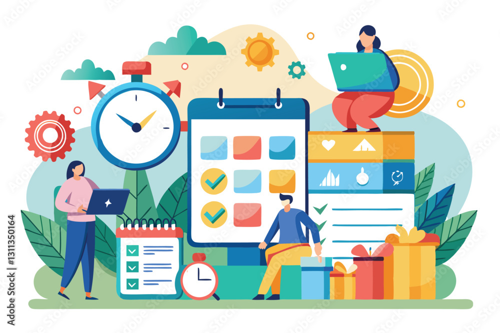 Poster a group collaborates on organizing tasks and scheduling time using digital tools and checklists, pla