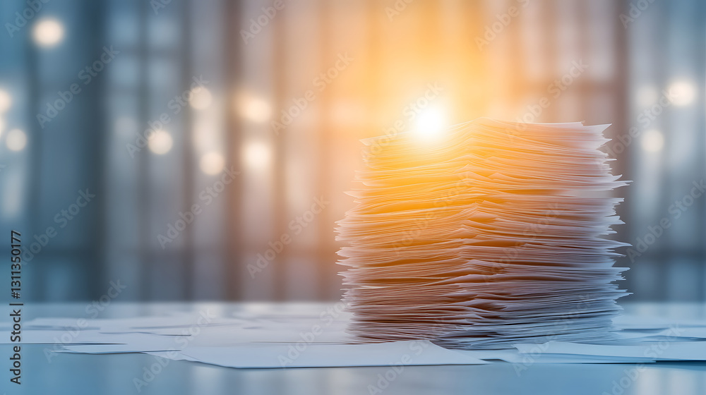 Aufkleber A stack of paper illuminated by a soft light, creating a tranquil office atmosphere with blurred backgrounds