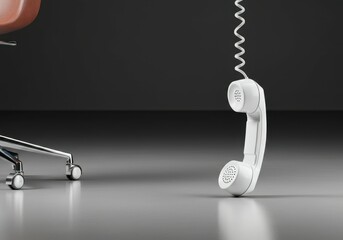 White corded phone receiver dangling above gray floor beside office chair, signaling disconnected communication and solitude